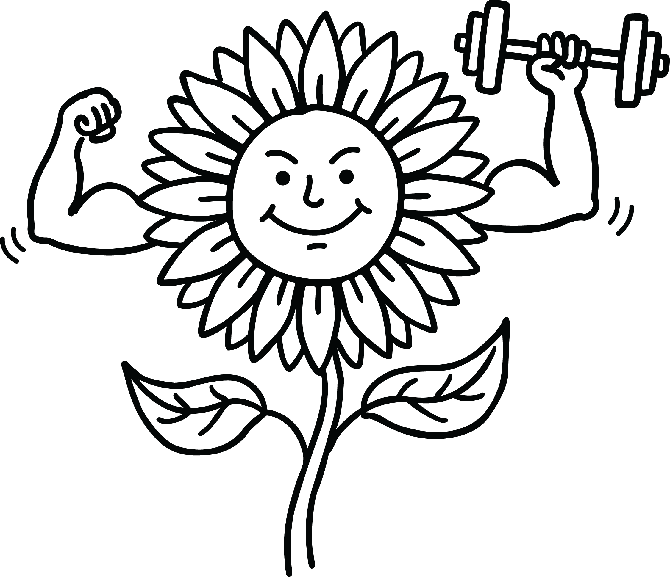 A sunflower flexing while holding a dumbbell — plants that pull their weight.